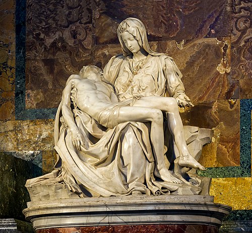 Pietà, uma imagem da Lamentação de Cristo. Por Michelângelo, atualmente na Basílica de São Pedro, no Vaticano.